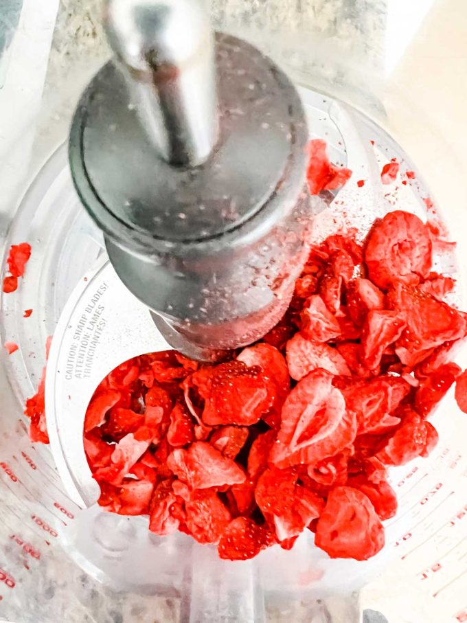 Photo of dehydrated strawberries in a food processor.