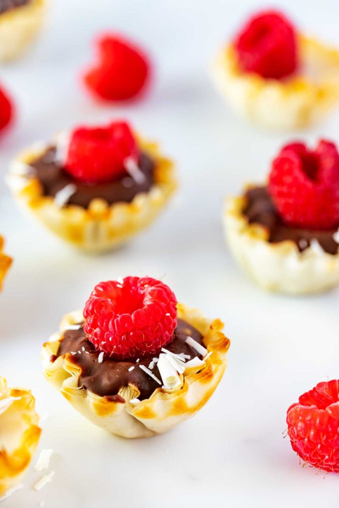 Close up photo of mini chocolate tarts on a white background.