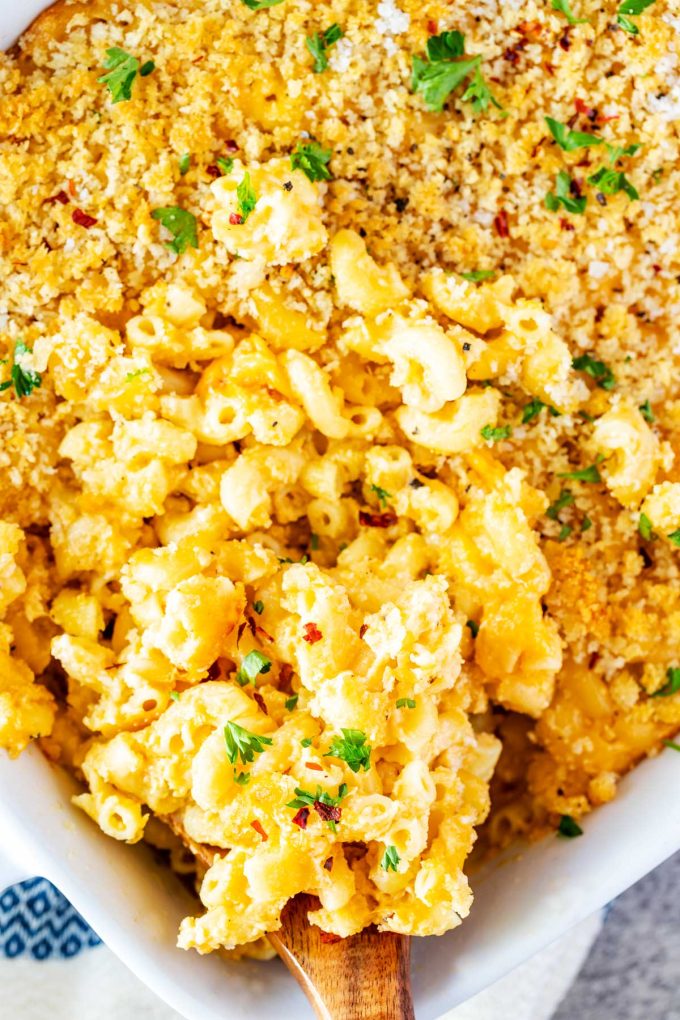 Close up photo of Baked Macaroni and Cheese with Breadcrumbs.