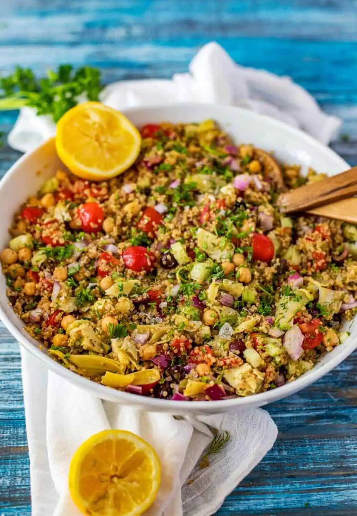 Mediterranean quinoa salad in a bowl that has not yet had the feta cheese added to it.