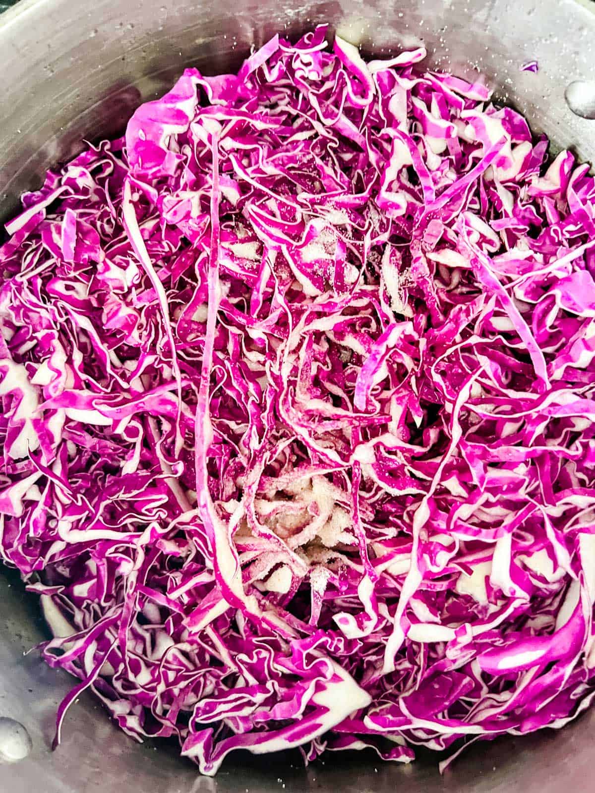 Photo of shredded cabbage in a dutch oven.