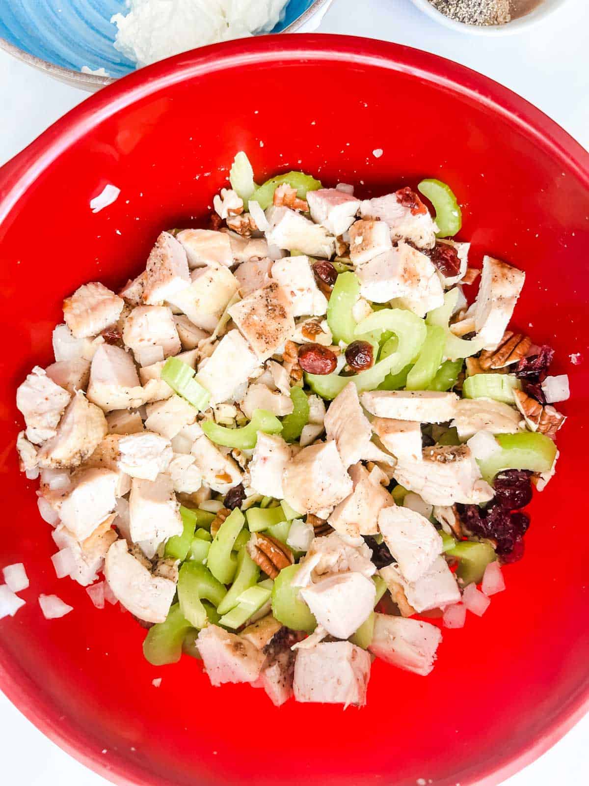 A large red bowl with chopped chicken, celery, cranberries, onion, and pecans.