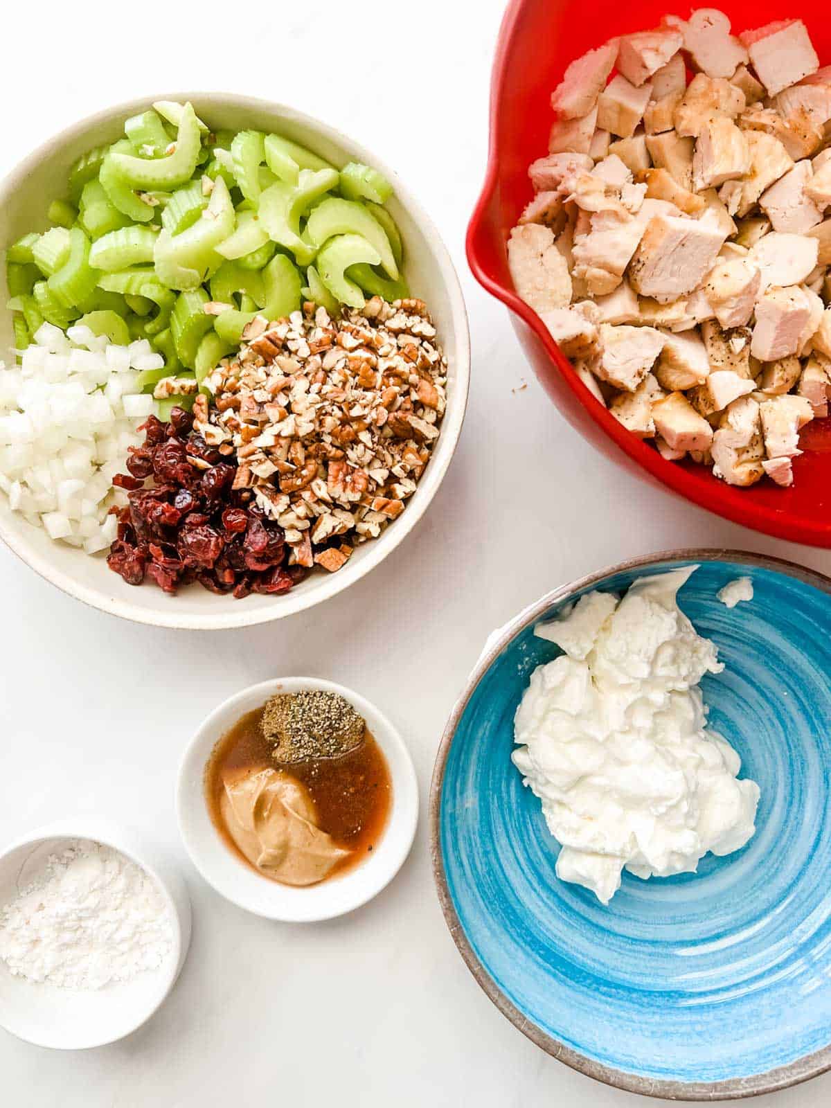 Overhead photo of chopped chicken in a bowl, a bowl of greek yogurt, small bowls of seasonings, vinegar, and sweetener, and a bowl of celery, pecans, cranberries, and diced onion.