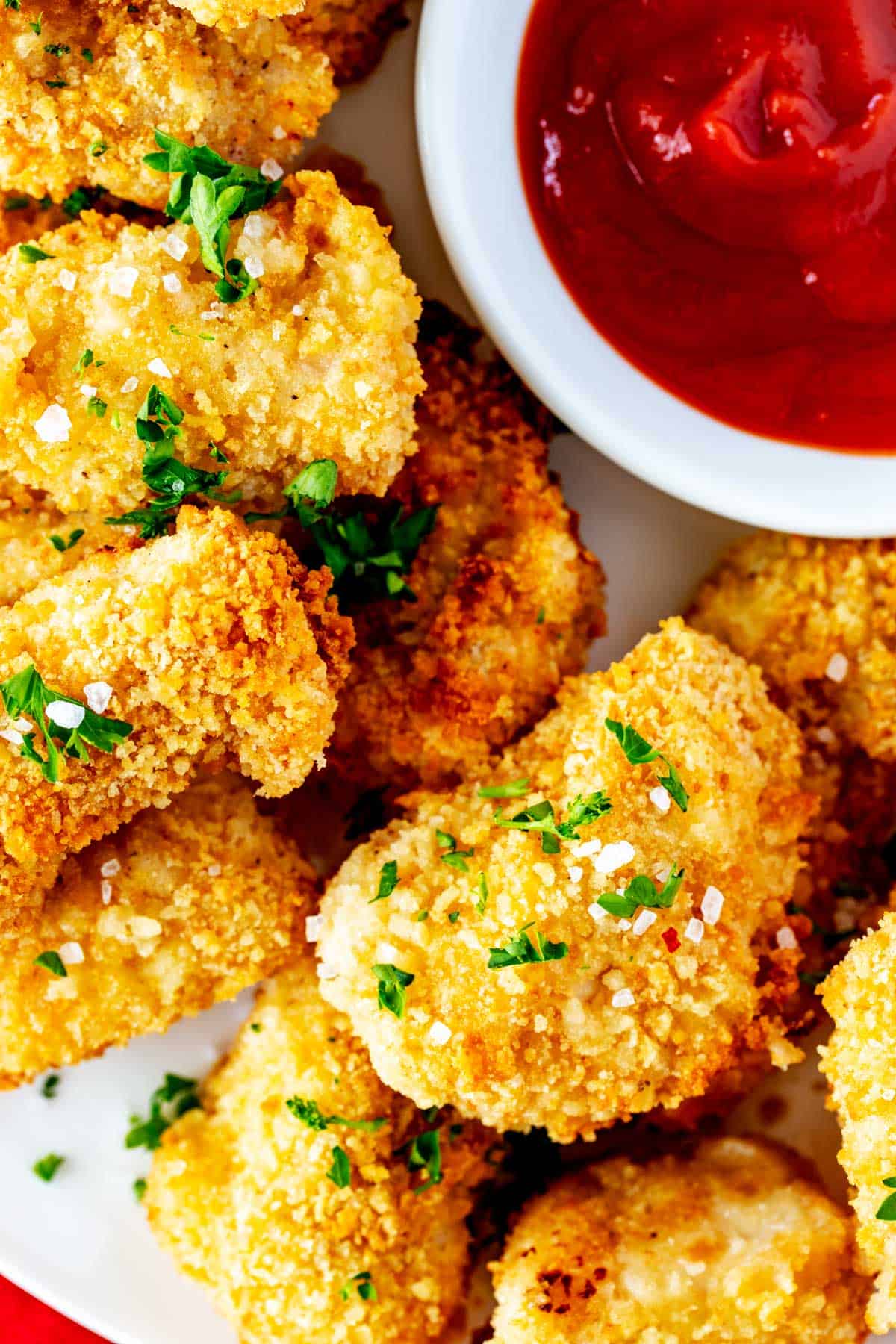 Close up photo of air fryer chicken nuggets.