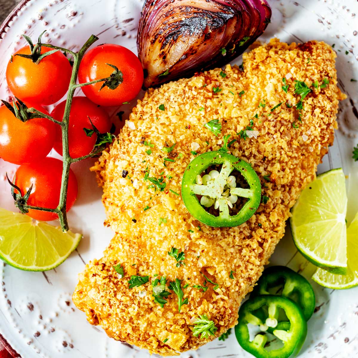 Overhead close up photo of tortilla crusted chicken.