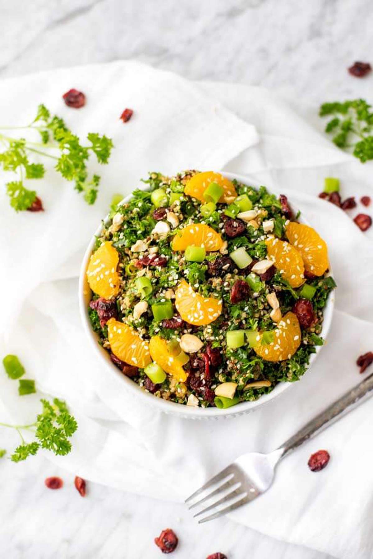 Overhead photo of a bowl of Asian Quinoa Salad surrounded by parsley and dried cranberries.
