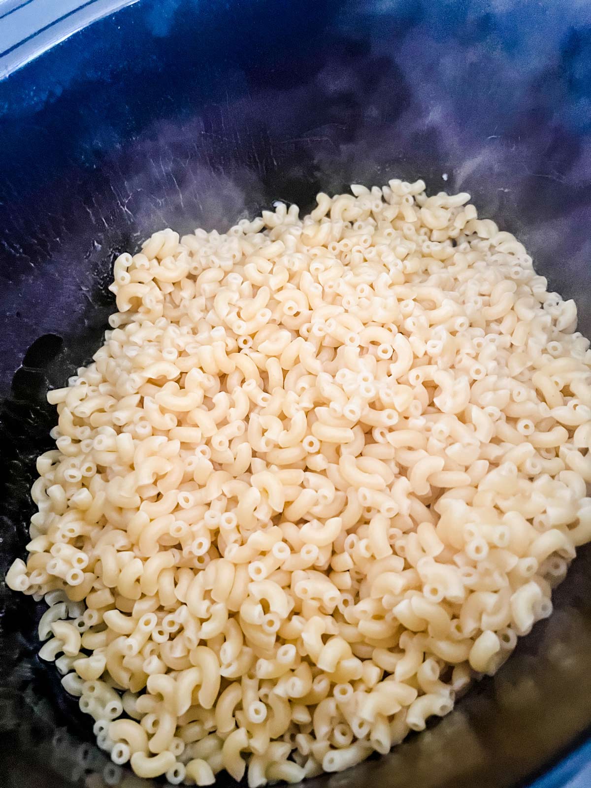 Cooked elbow noodles in a crockpot.