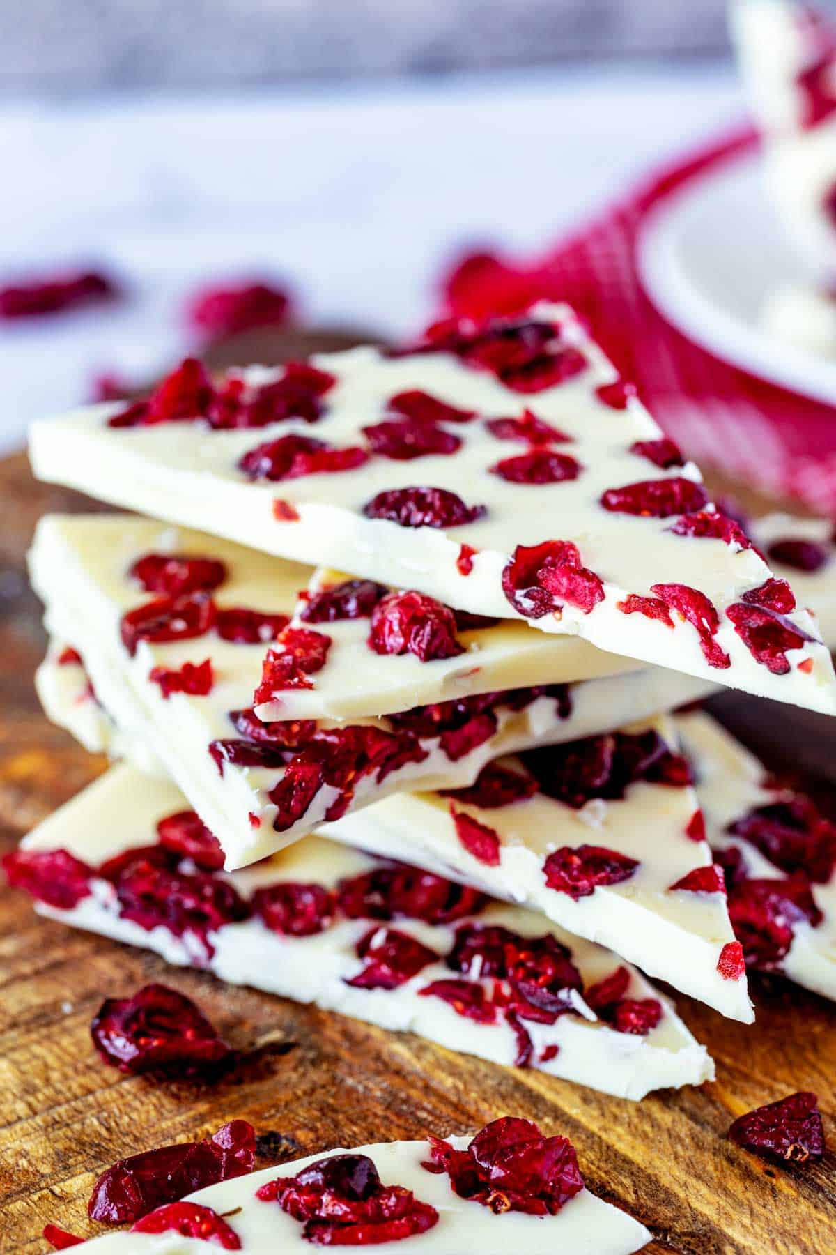 Photo of stacked white chocolate bark on a cutting board