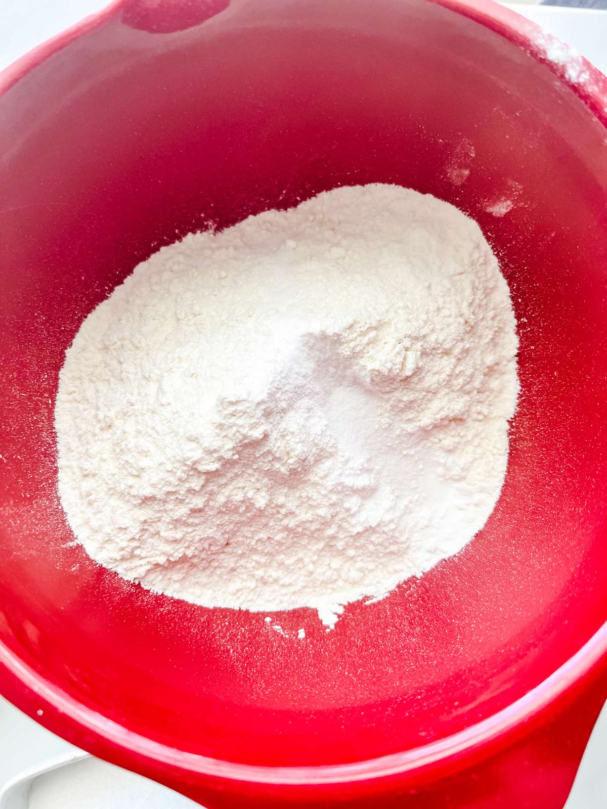 Flour, salt, baking soda, and baking powder in a medium bowl.