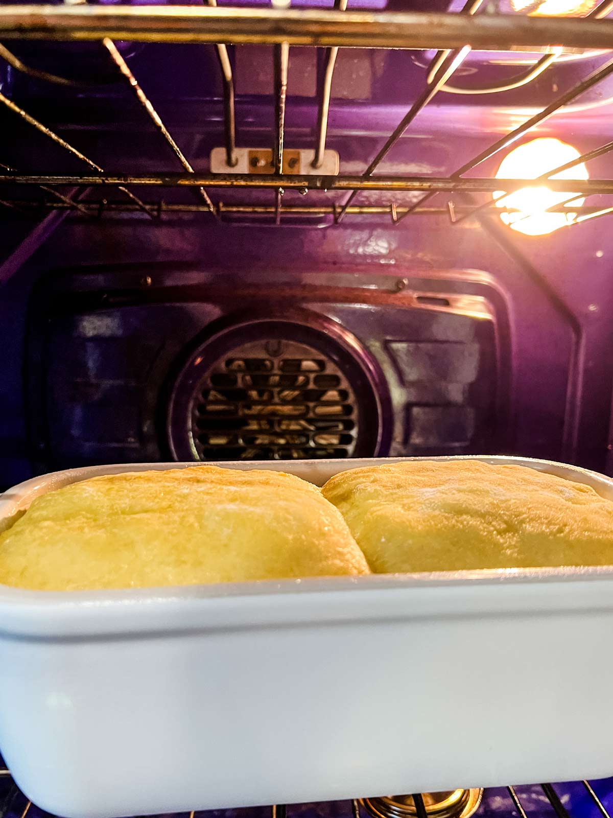 Brioche bread dough rising on the proof setting in the oven.