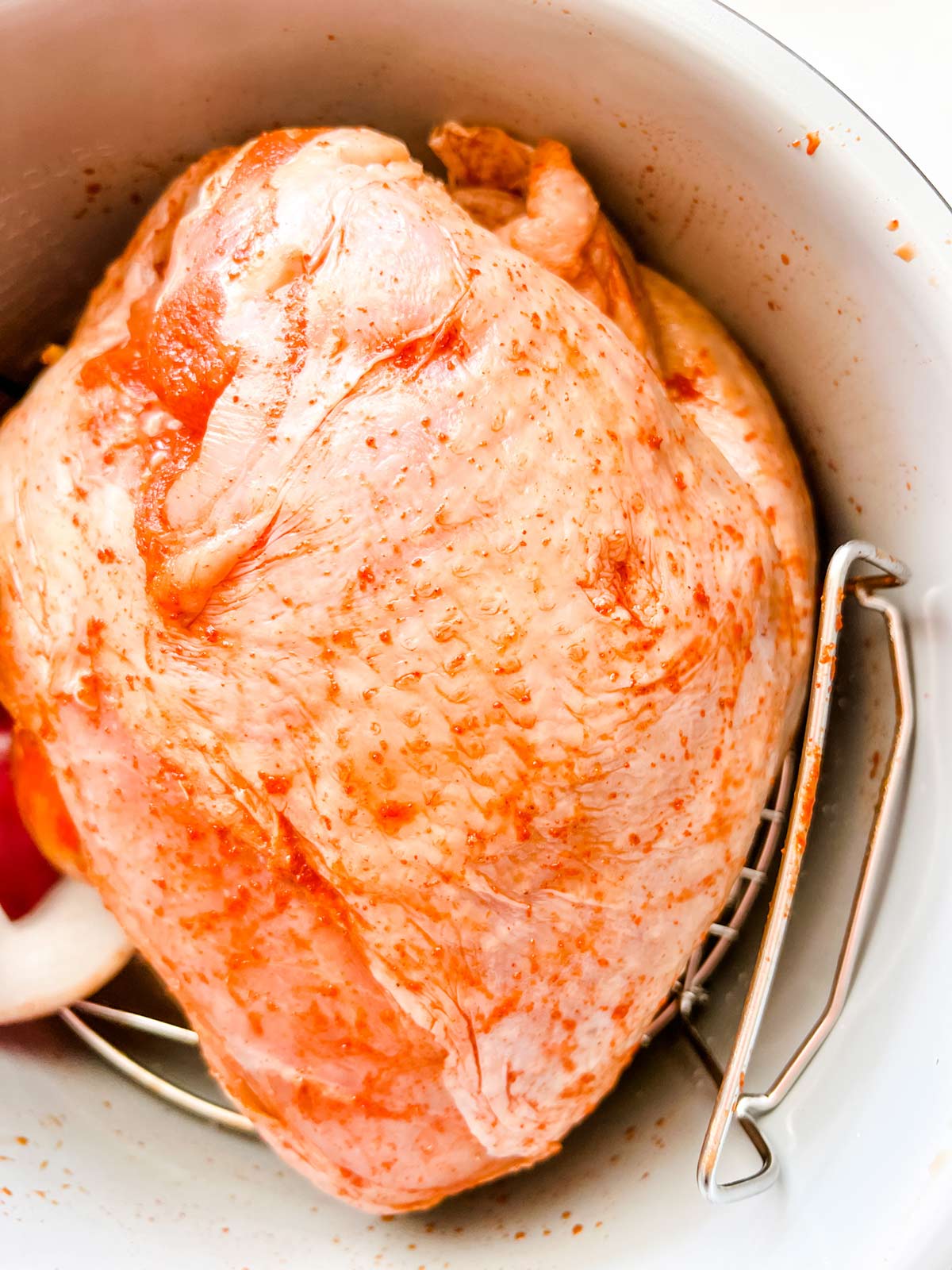 Seasoned turkey breast in a Ninja Foodi on a trivet.