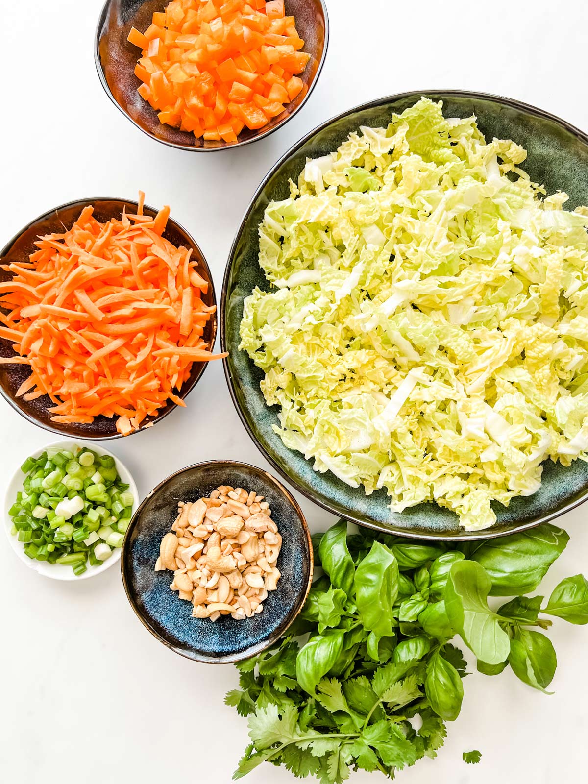 Overhead photo of shredded napa cabbage, diced pepper, shredded carrots, green onions, chopped cashews, basil, and cilantro.