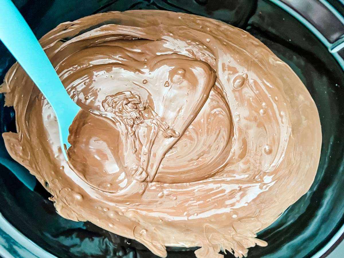 Horizontal photo of melted chocolate in a slow cooker.