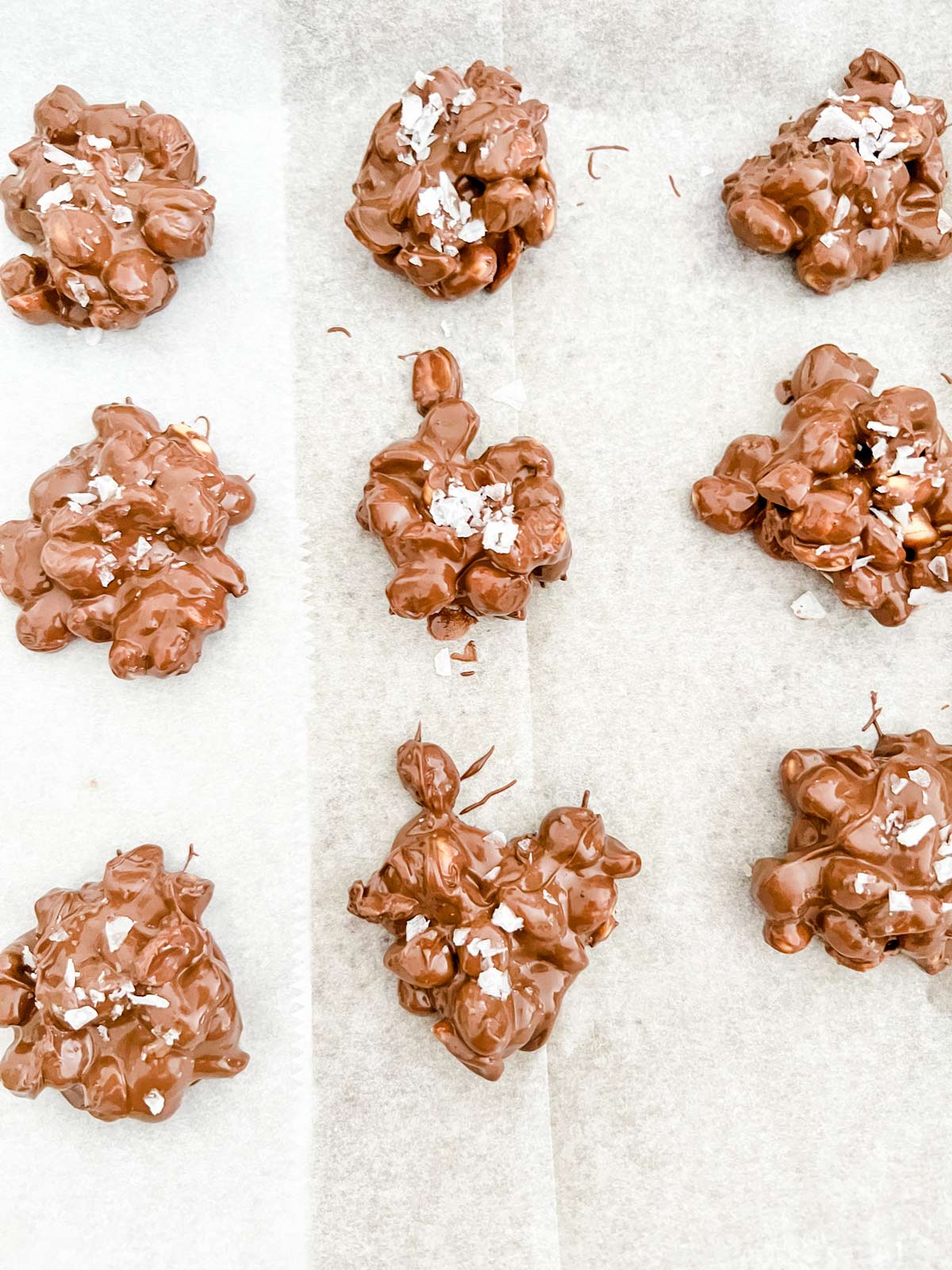 Photo of peanut clusters on a parchment lined baking sheet.
