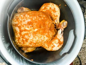 Photo of a whole chicken that has been pressure cooked in a Ninja Foodi.