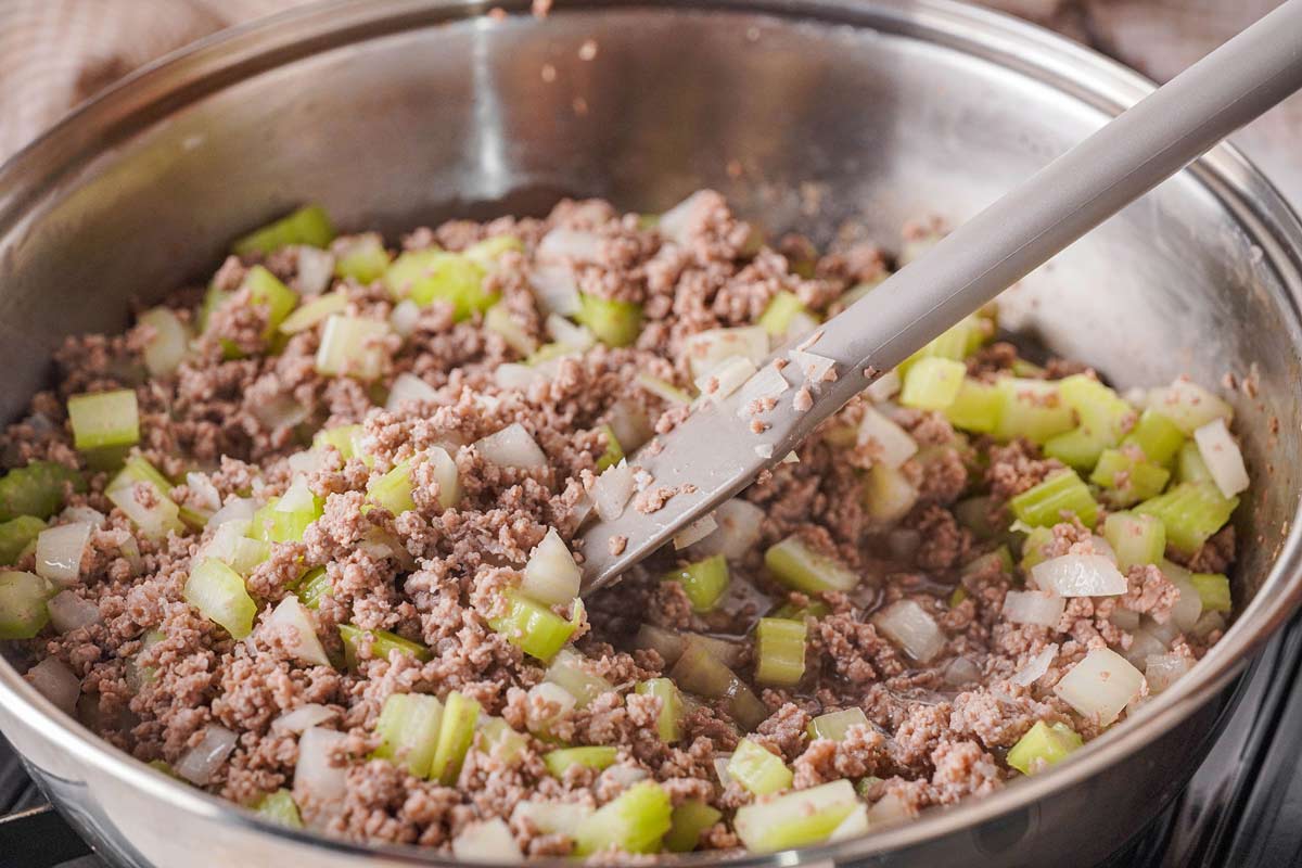 Browned ground beef, onion, and celery.