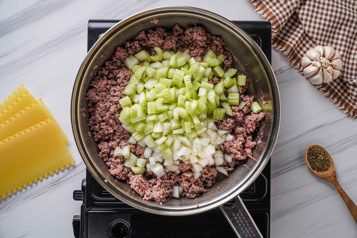 Browned ground beef that has had onions and celery added.