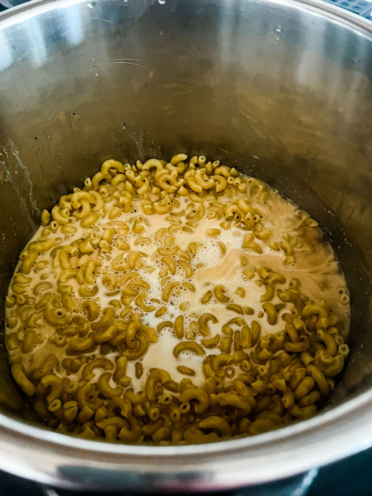Pasta, broth, and seasonings in the Inner pot of an Instant Pot.
