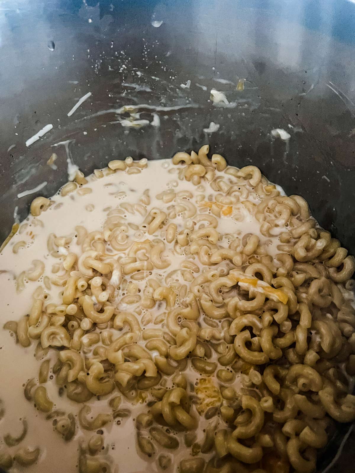 Cheese that has been stirred into pasta to make Instant Pot mac and cheese.