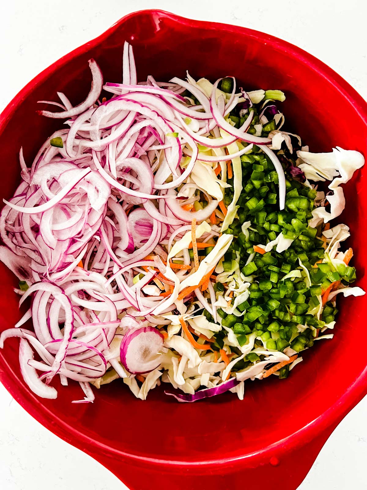 Overhead photo of a bowl of coleslaw mix, jalapeno, and sliced red onion.