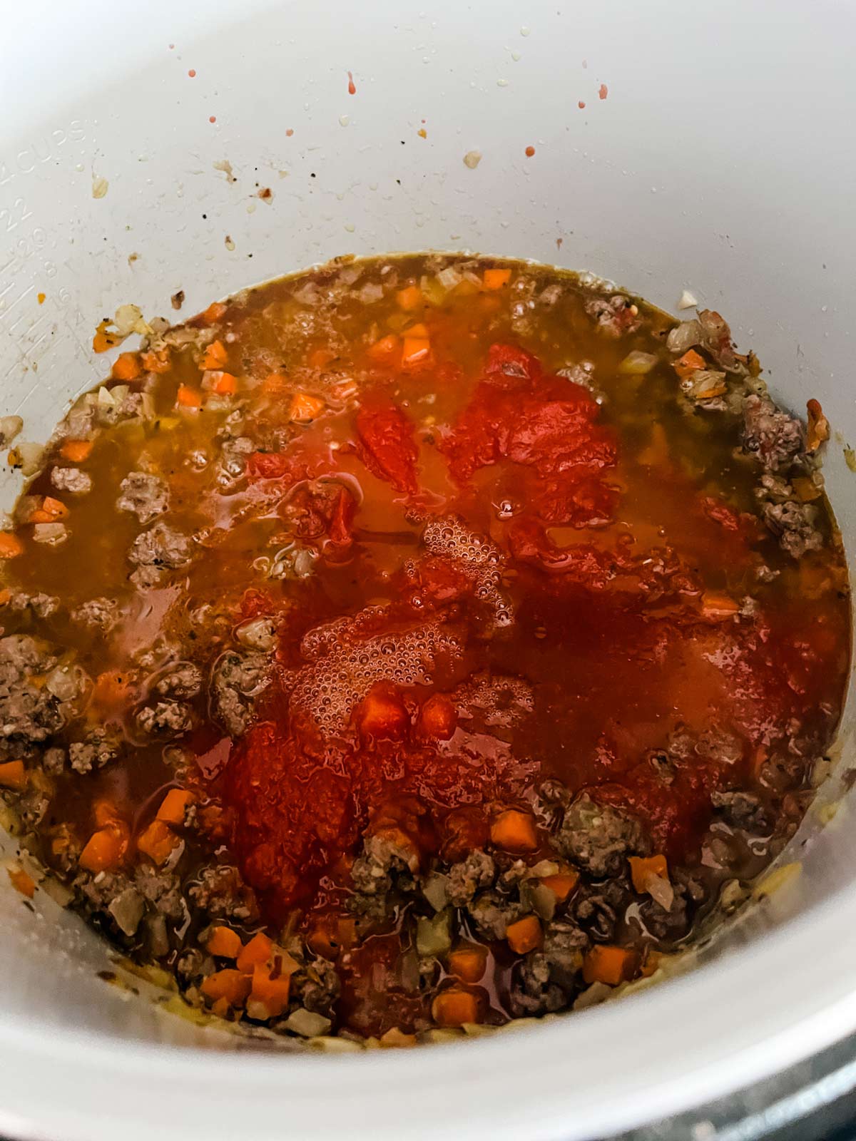 Overhead photo of spaghetti meat sauce in the inner pot of a Ninja Foodi.