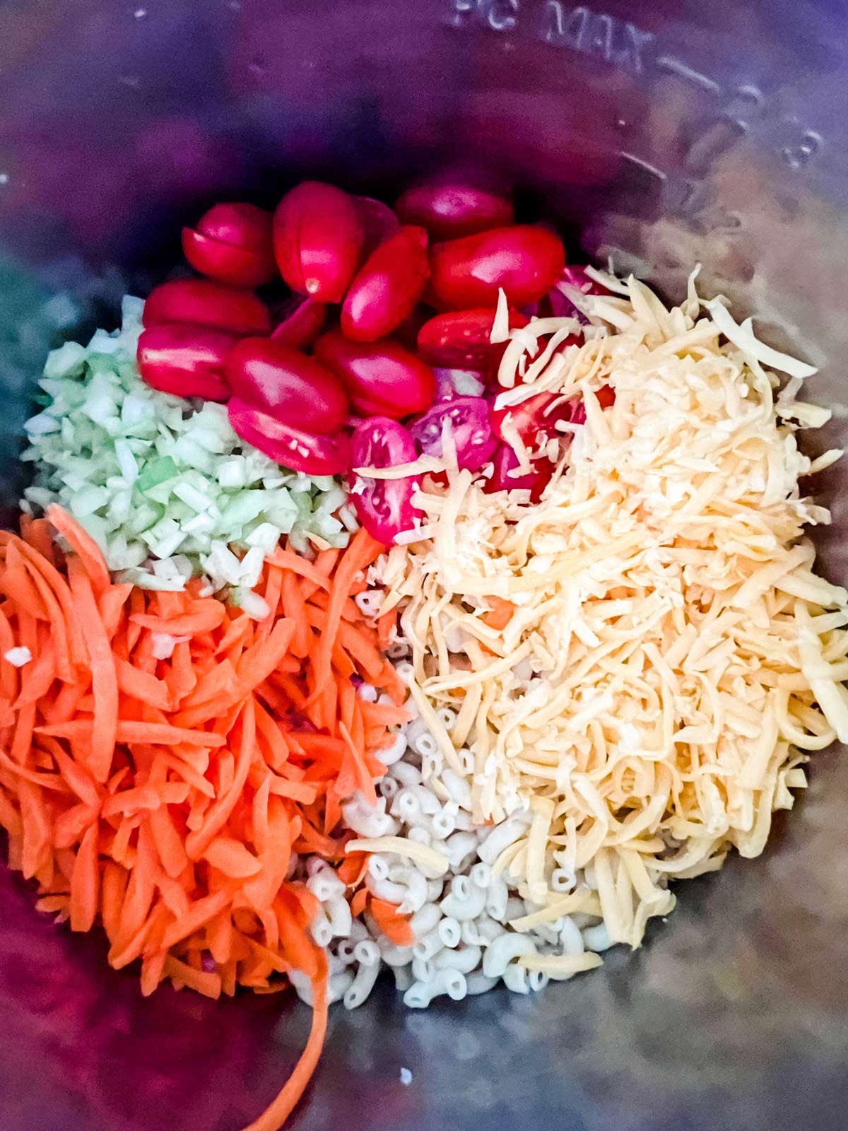 Elbow macaroni, grated carrots, grape tomatoes (halved), diced celery, diced cheddar cheese in the inner pot of an instant pot.