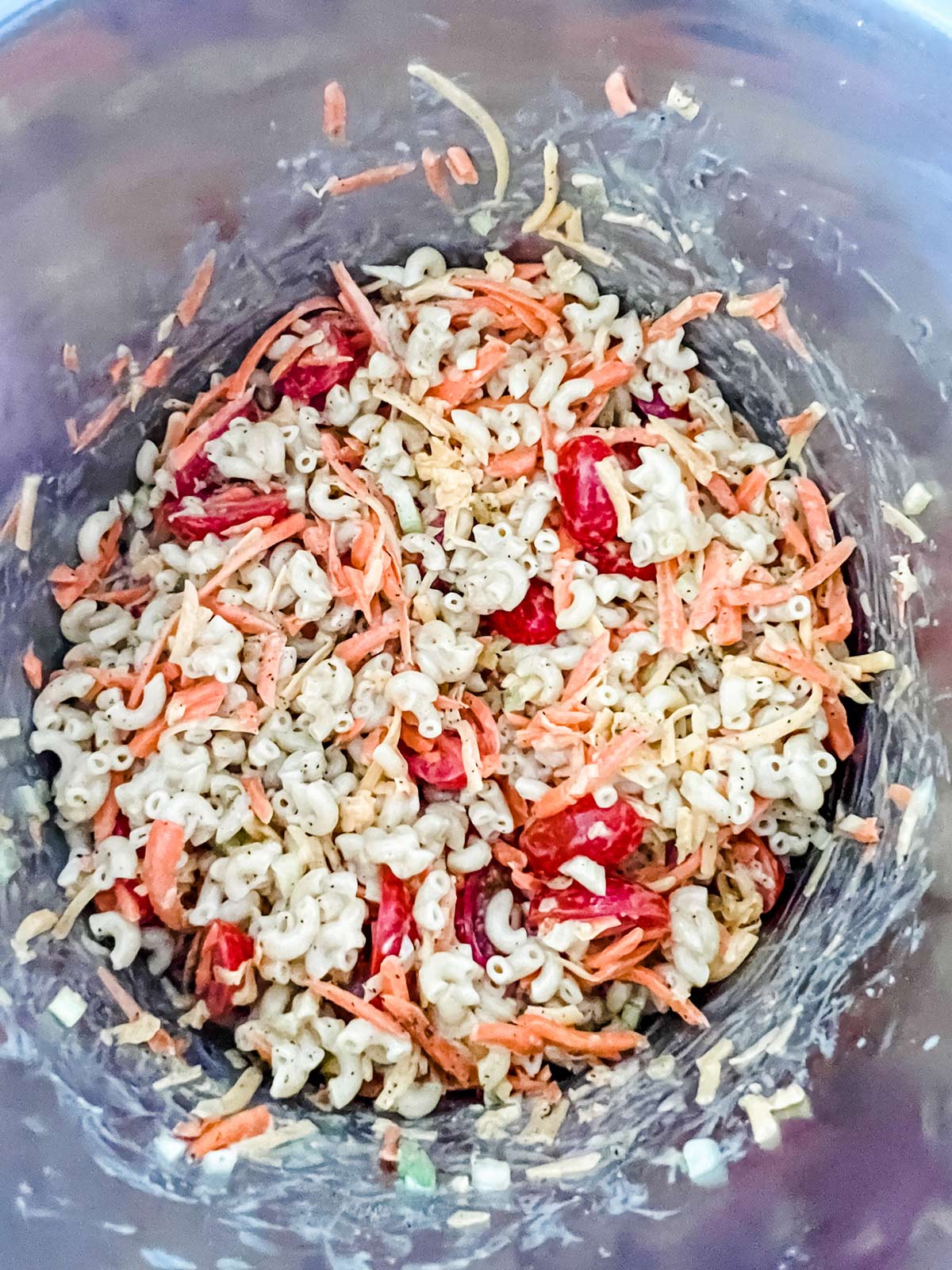 Instant pot macaroni salad in the inner pot of an Instant Pot.
