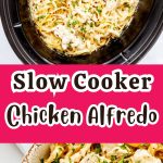 A photo of alfredo in the the slow cooker on top of a bowl full of alfredo with the words Slow Cooker Chicken Alfredo in the middle.