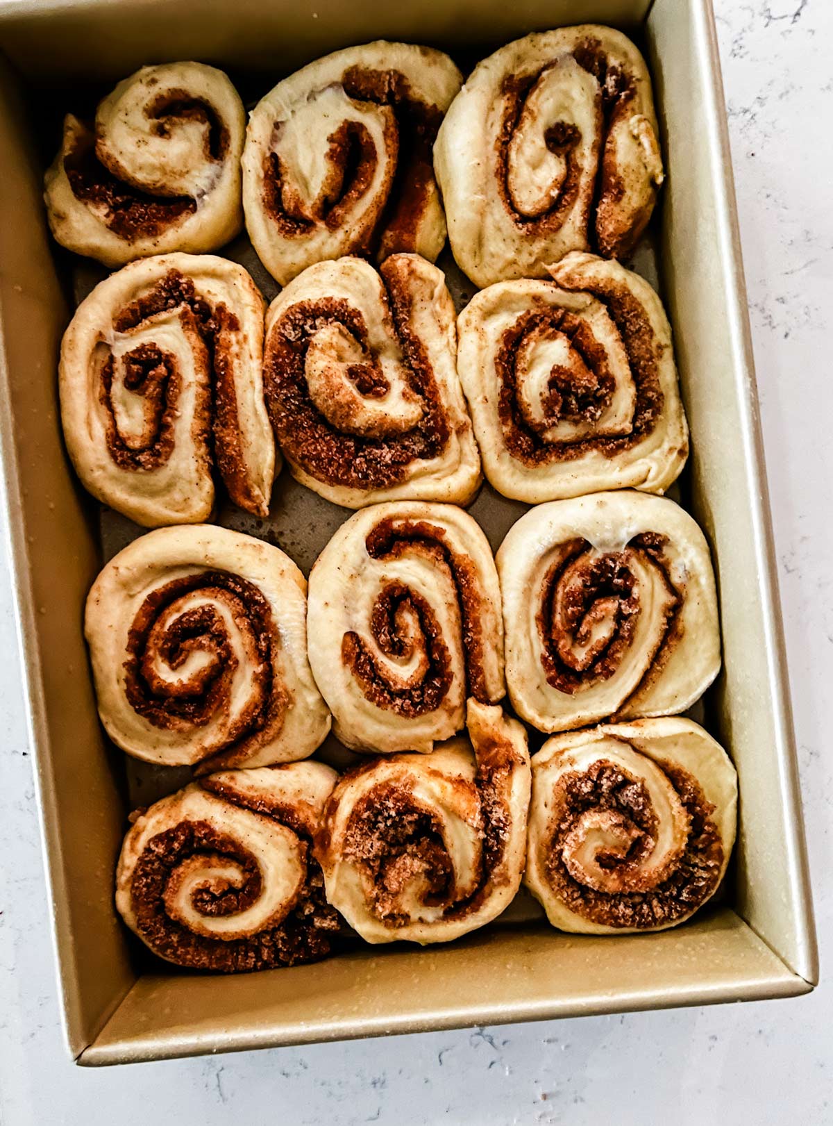 Cinnamon rolls in a baking sheet.
