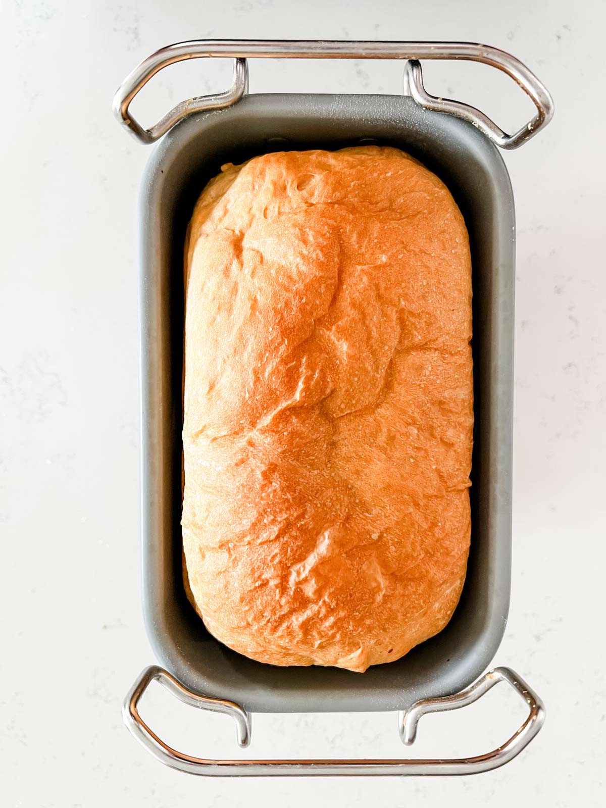 Baked bread in a bread machine pan.