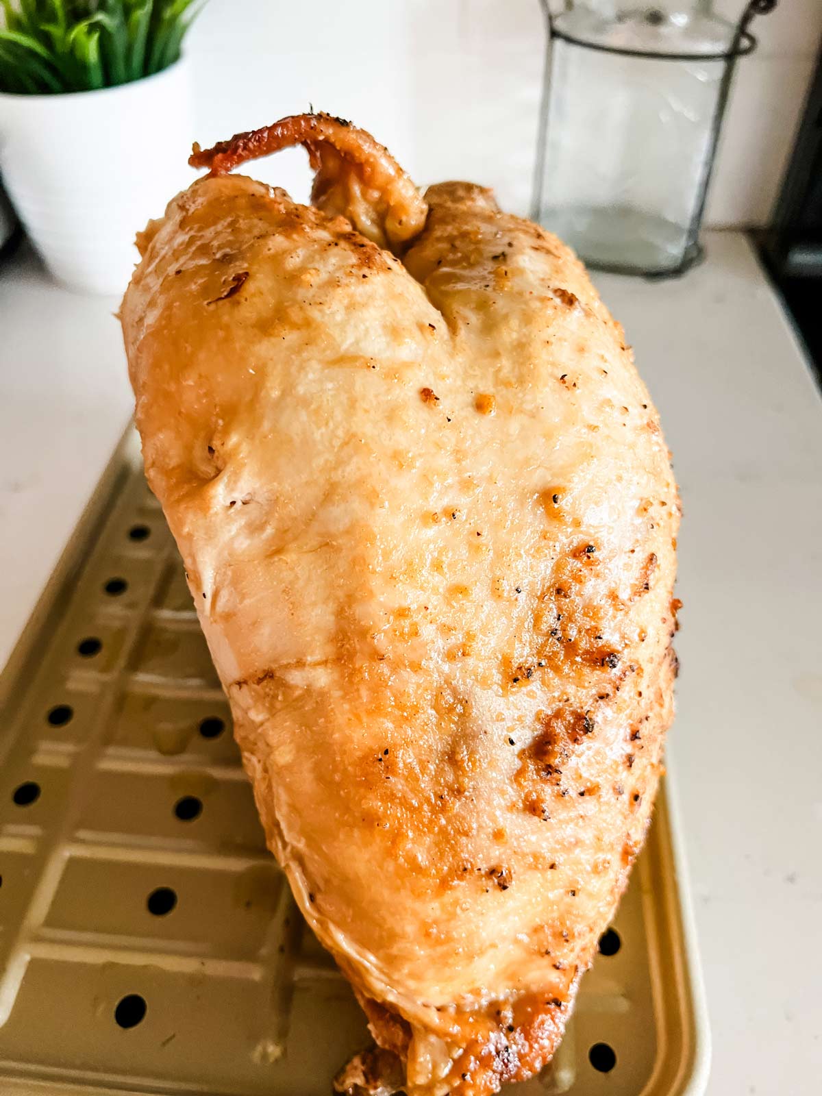 A slow cooked turkey breast ready for the broiler.