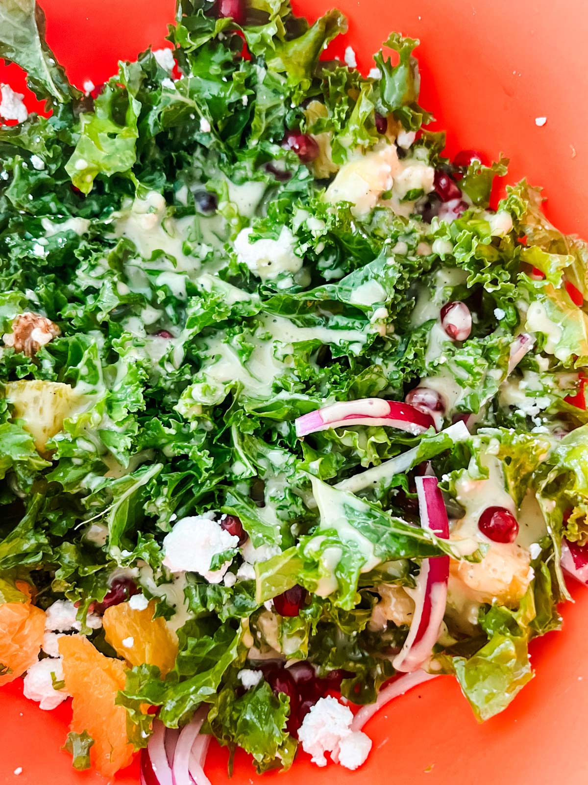 Kale pomegranate salad in a bowl with salad dressing.