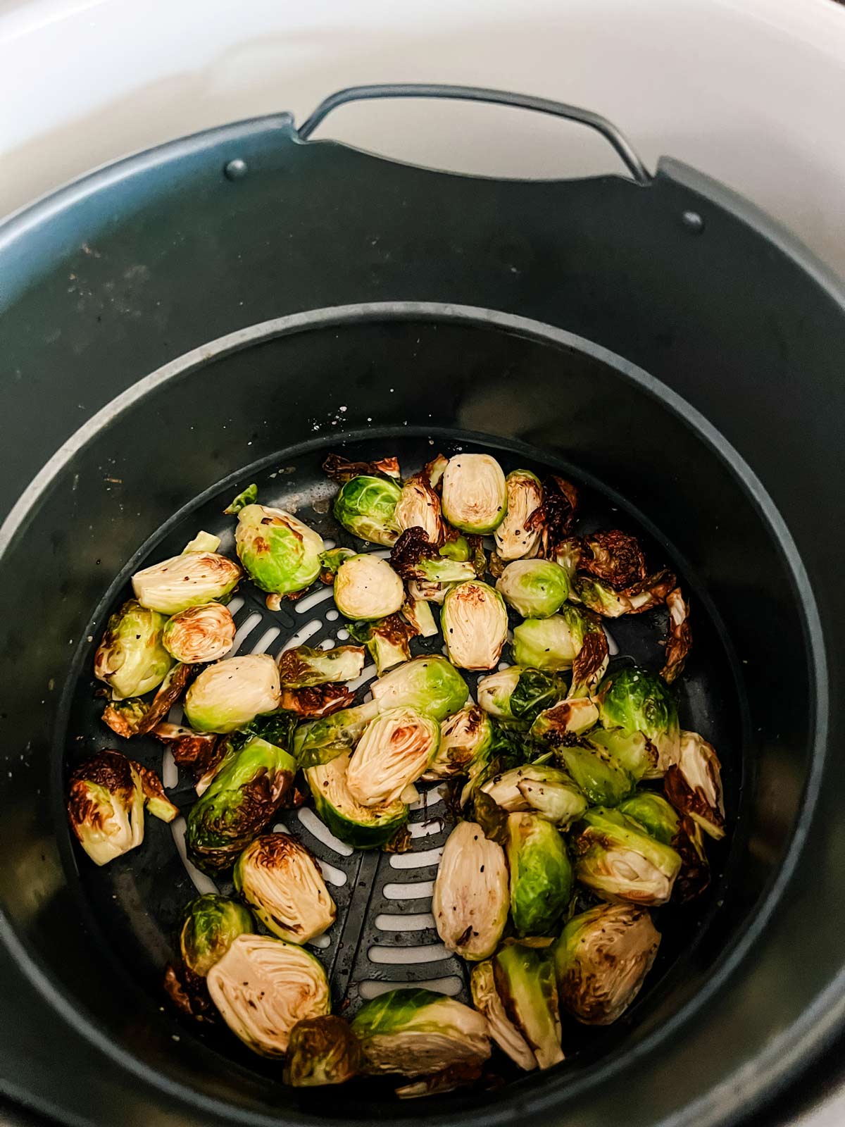 Brussels sprouts that have been cooked in a Ninja Foodi.
