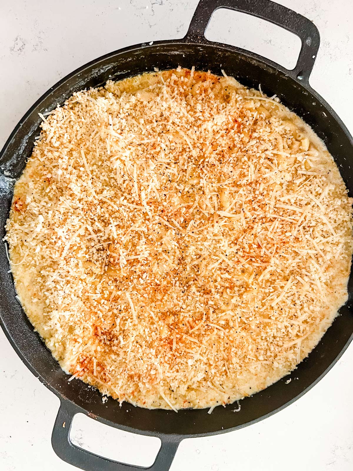 Mac and cheese in a cast iron skillet with a parmesan breadcrumb topping.