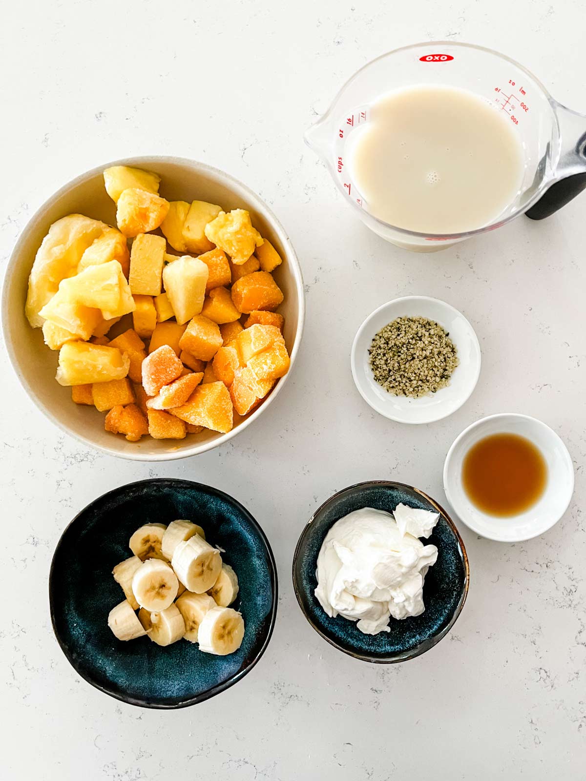 Overhead photo of oat milk, pineapple, mango, banana, yogurt, vanilla, and hemp seeds.