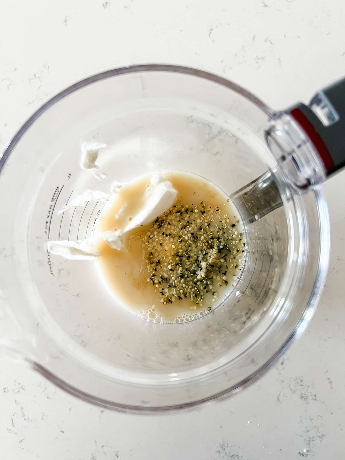 Photo of oat milk, yogurt, and hemp seeds in a blender.