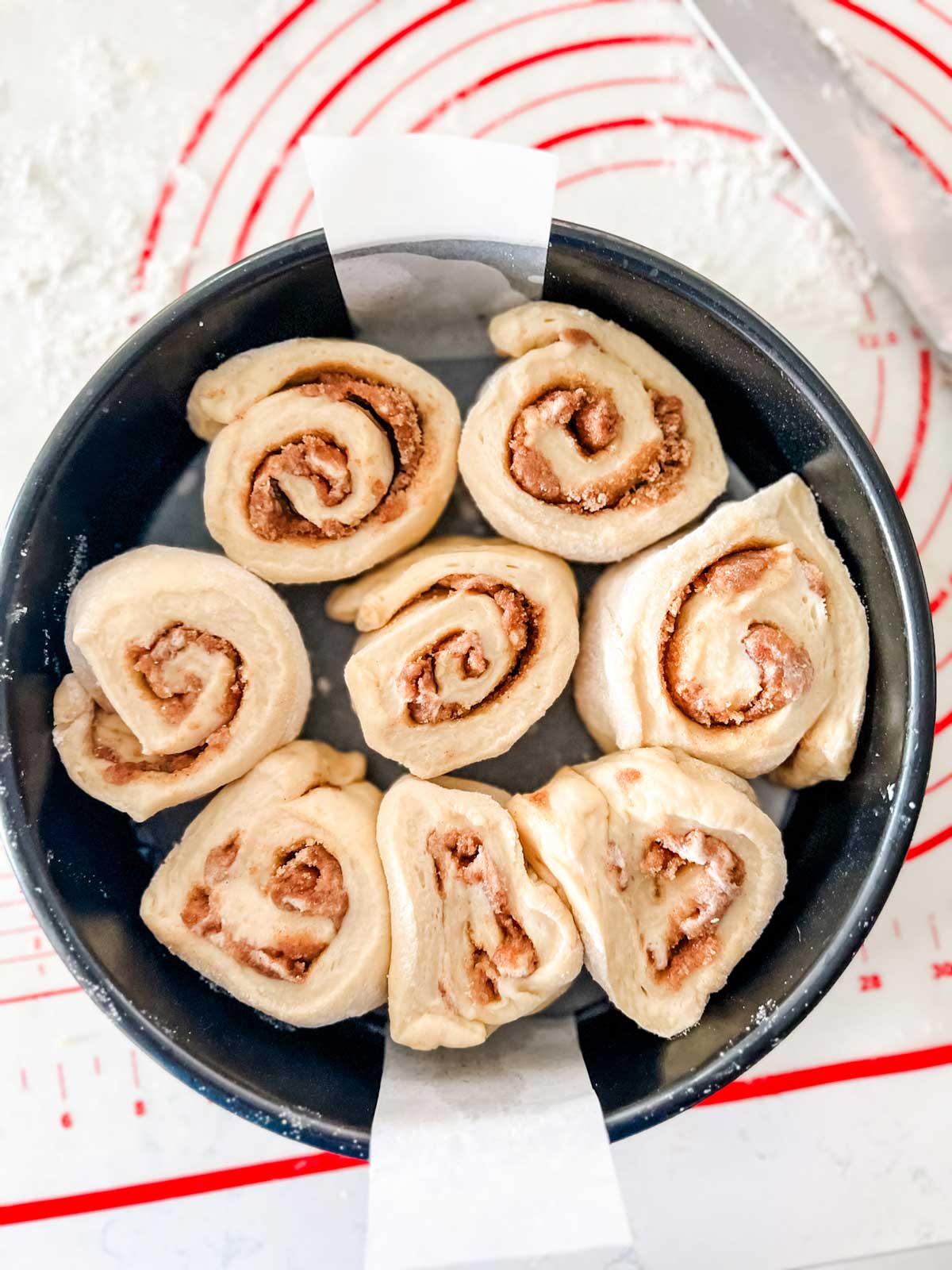 Cinnamon rolls in a cake pan ready to rise.