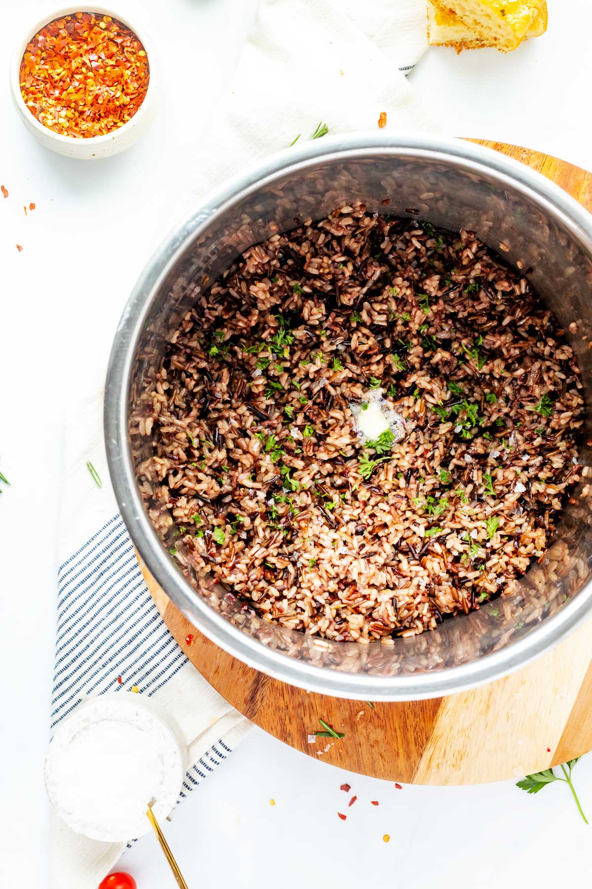 Overhead photo of cooked wild rice in an Instant Pot.