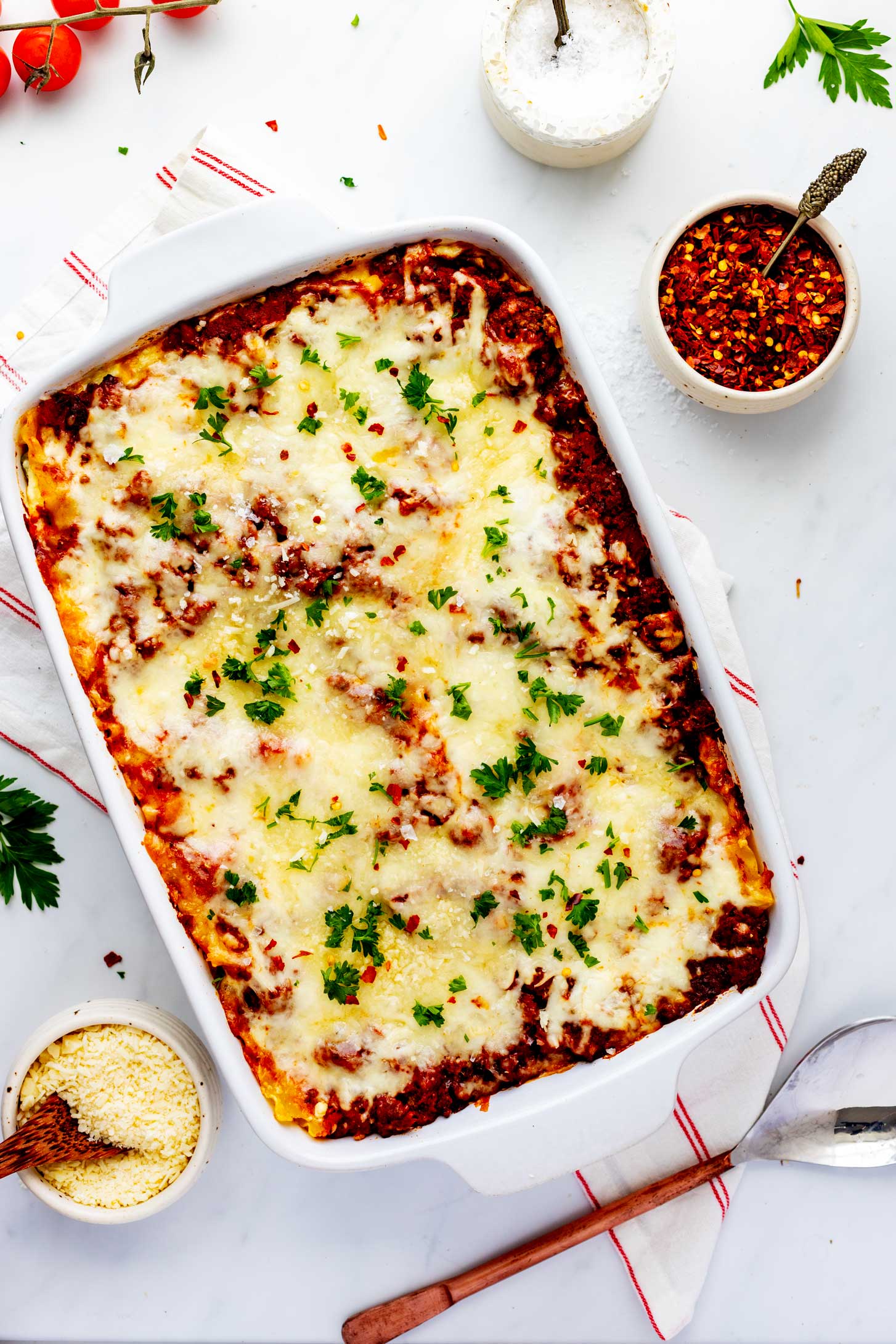 Overhead photo of a casserole dish with lasagna with cottage cheese.