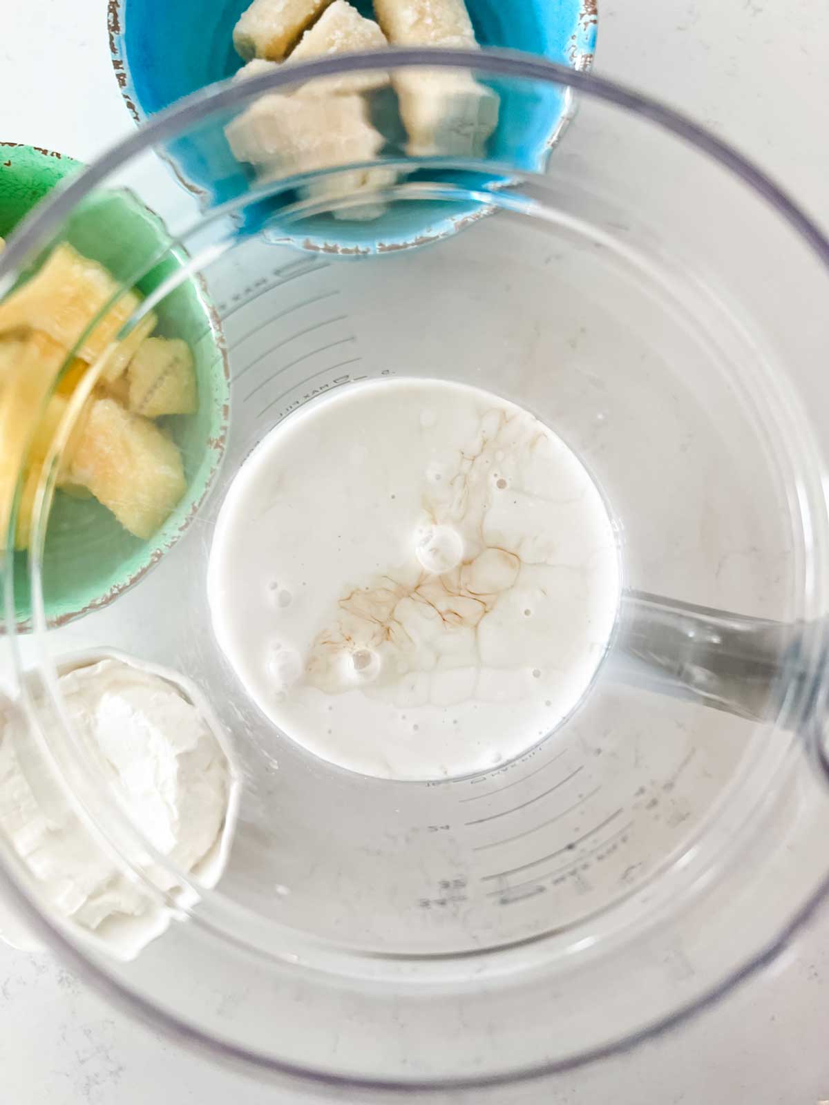 Overhead photo of pina colada smoothie ingredients in a blender.