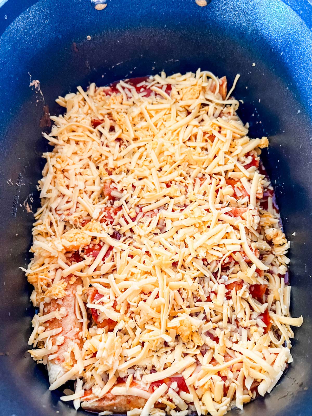 Chicken enchiladas covered with cheese in the bottom of a slow cooker.