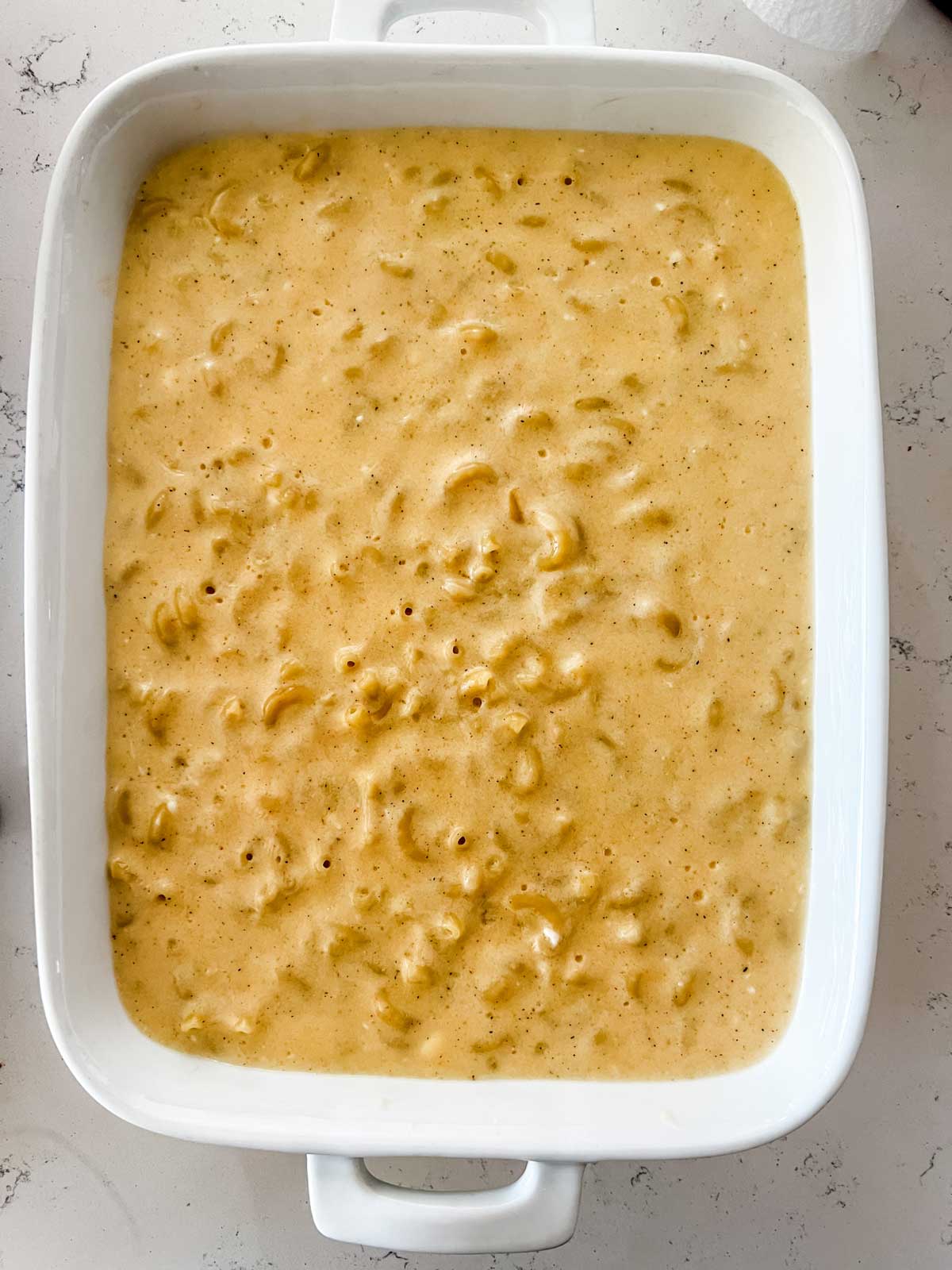 White cheddar mac and cheese in a casserole dish.