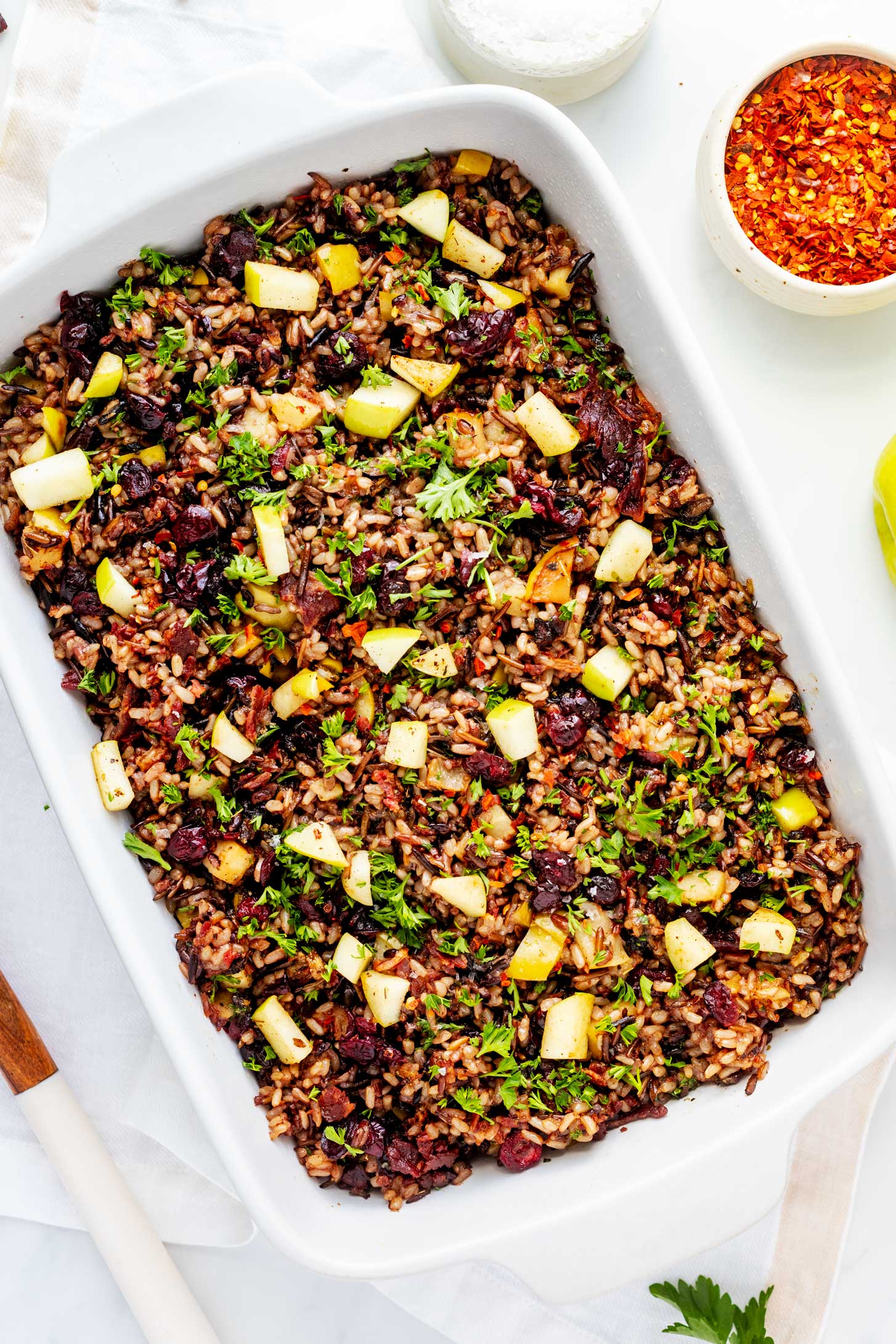 Overhead photo of wild rice stuffing in a casserole dish.