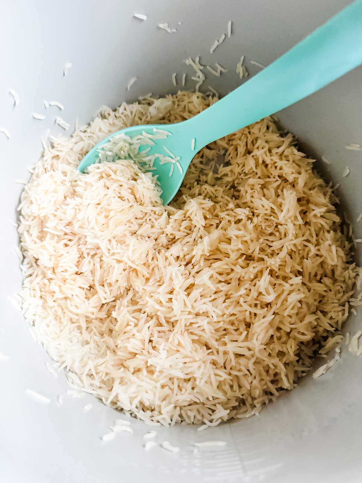 Cooked rice that has been fluffed in a Ninja Foodi.