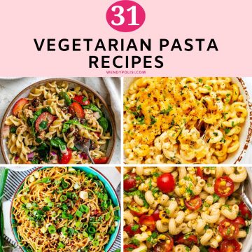 Square collage with four photos of vegetarian pasta with the text 31 Vegetarian Pasta Recipes above.