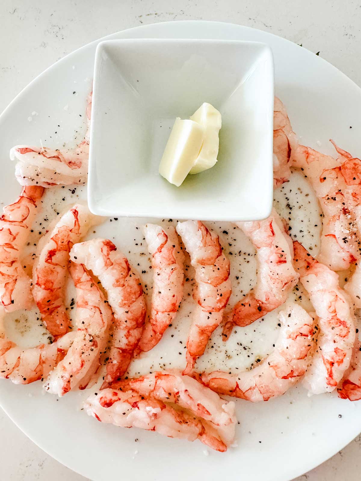 Overhead photo of a white plate with seasoned shrimp.