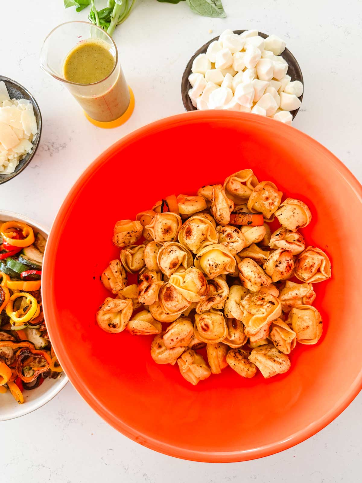 Overhead photo of a bowl of griddled tortellini and griddled vegetables.