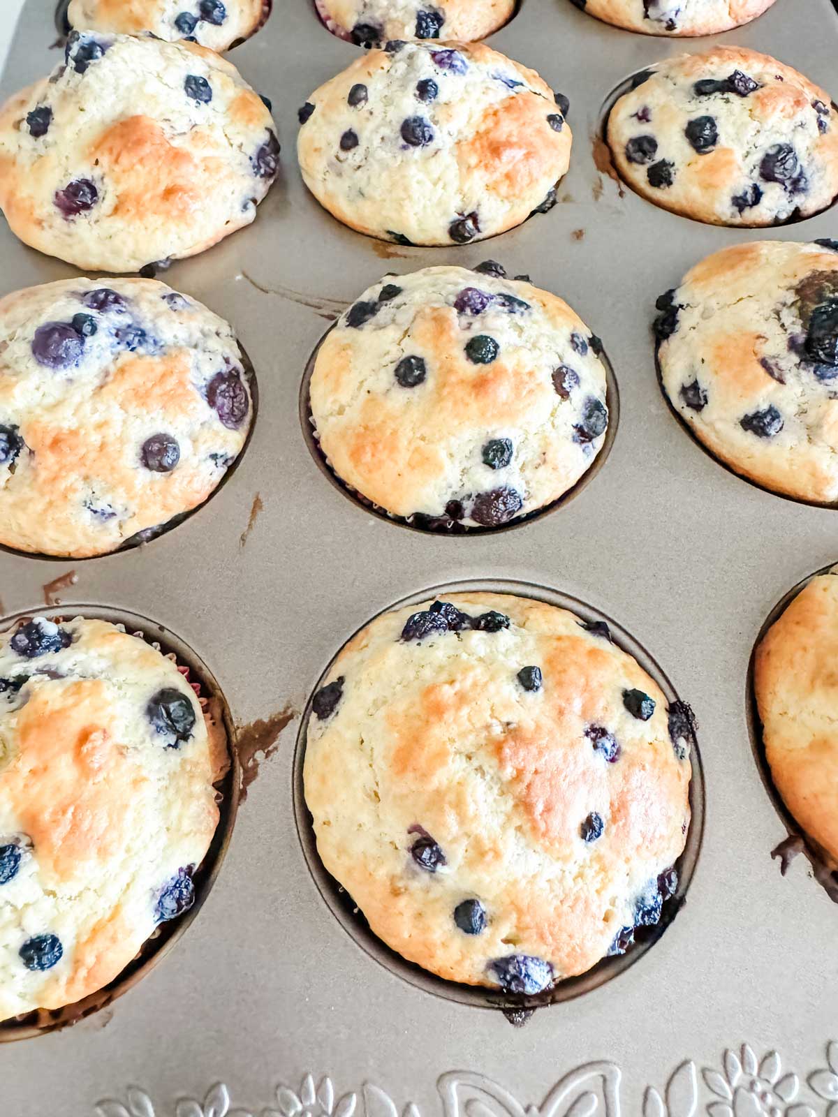 Baked blueberry muffins in a muffin pan.