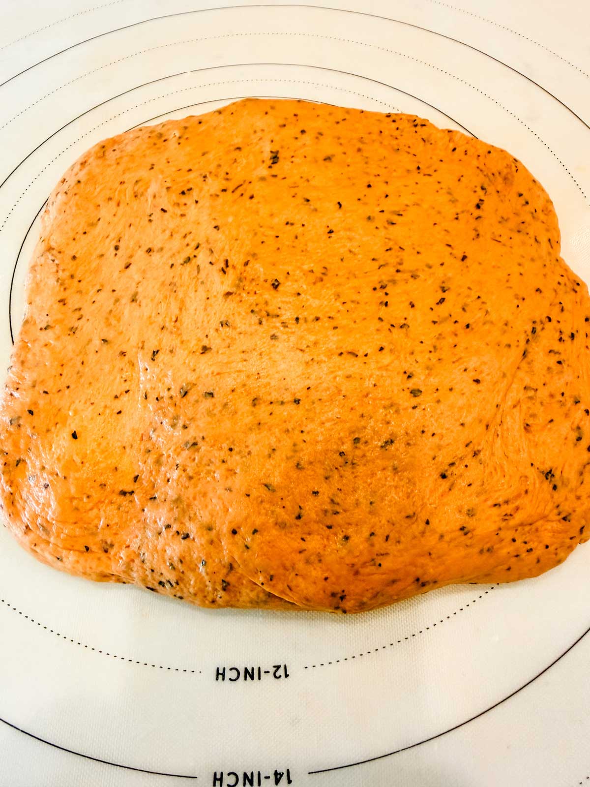 A rectangular slab of orange-brown dough with visible dark flecks rests on a white surface marked with concentric measurement circles.