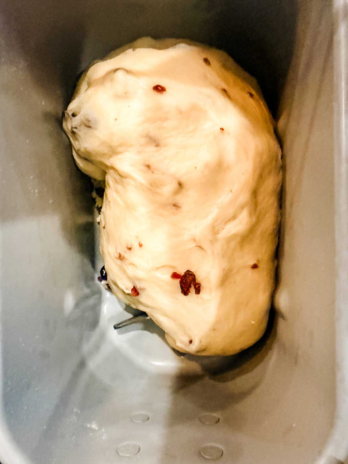 A close-up view of dough with cranberries inside a bread machine pan, ready for mixing or baking.
